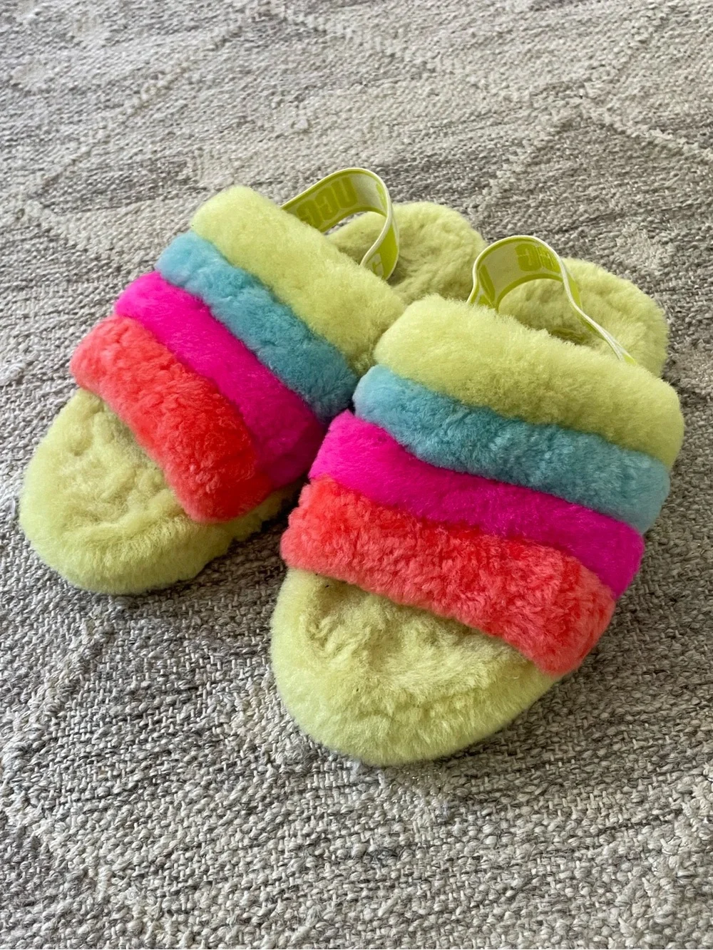 UGG Kids Multicolor Plush Slide Slippers - Lime, Blue, Pink, Coral